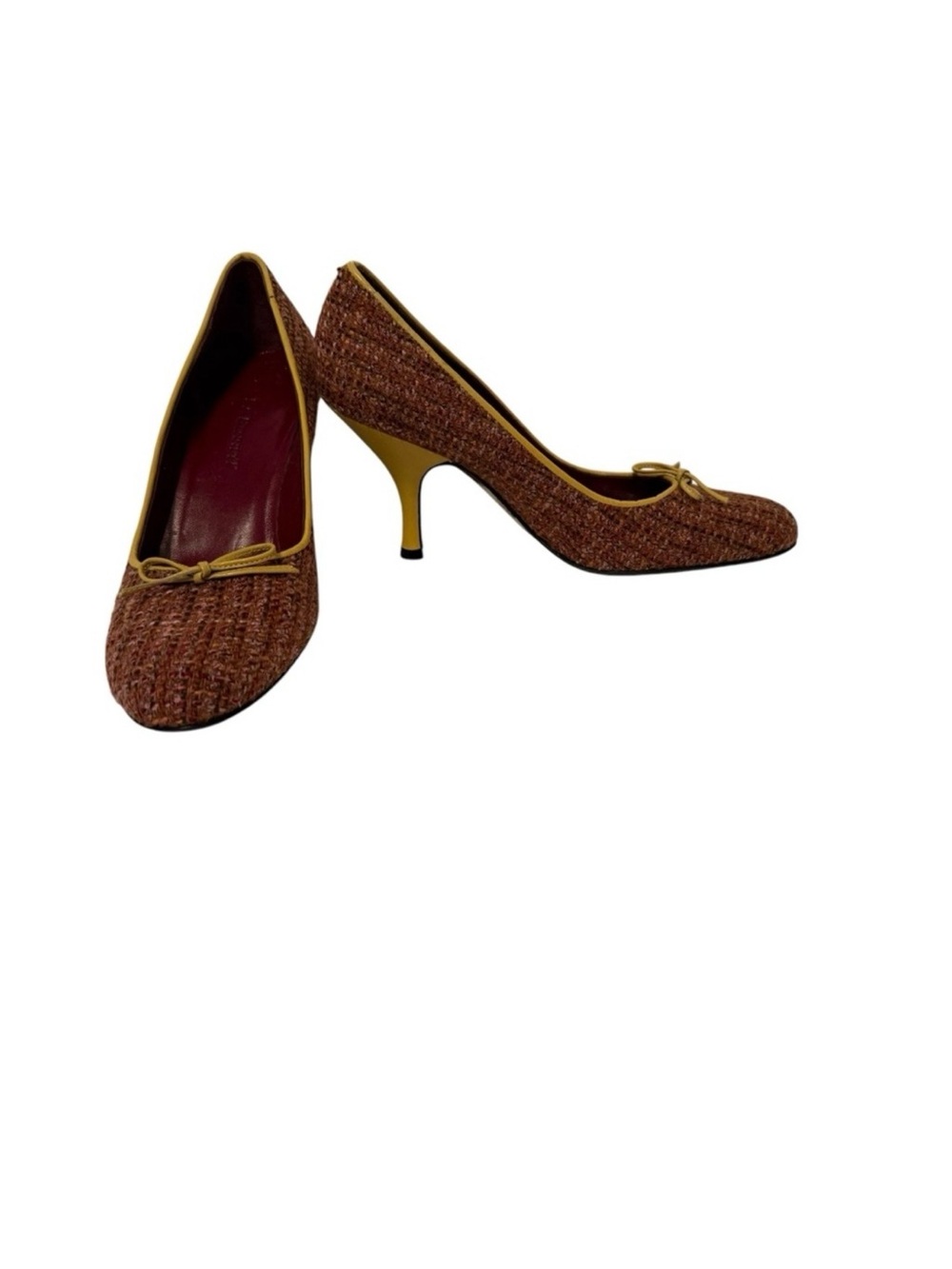 L.K. BENNETT SHOES HEELS PUMPS RED RUST TWEED FABRIC YELLOW LEATHER ITALY 37 6.5